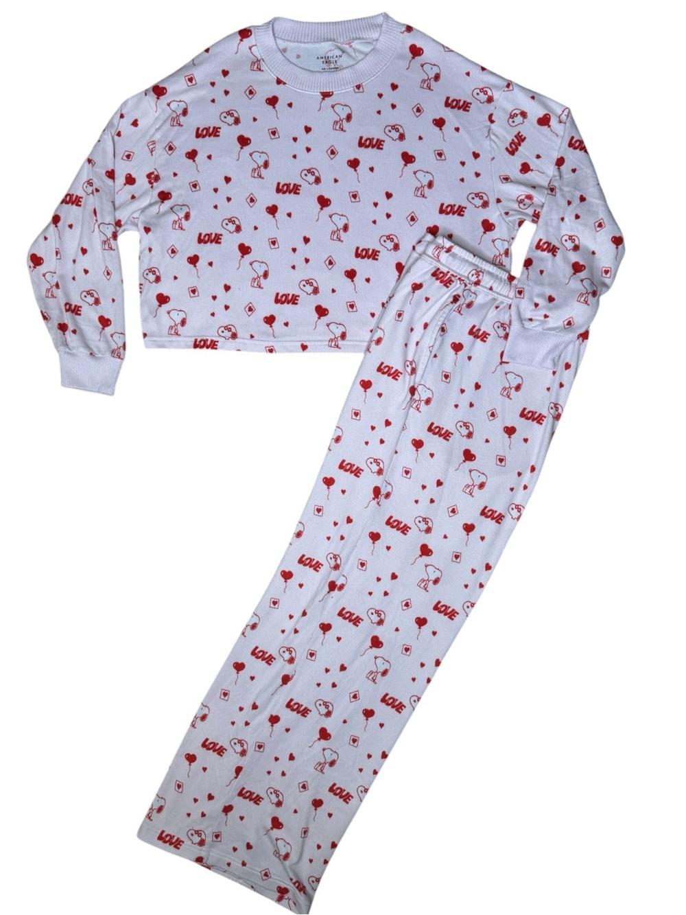 American Eagle Snoopy Valentine’s Plush Pajamas Set M Crop Top Pink Red Hearts